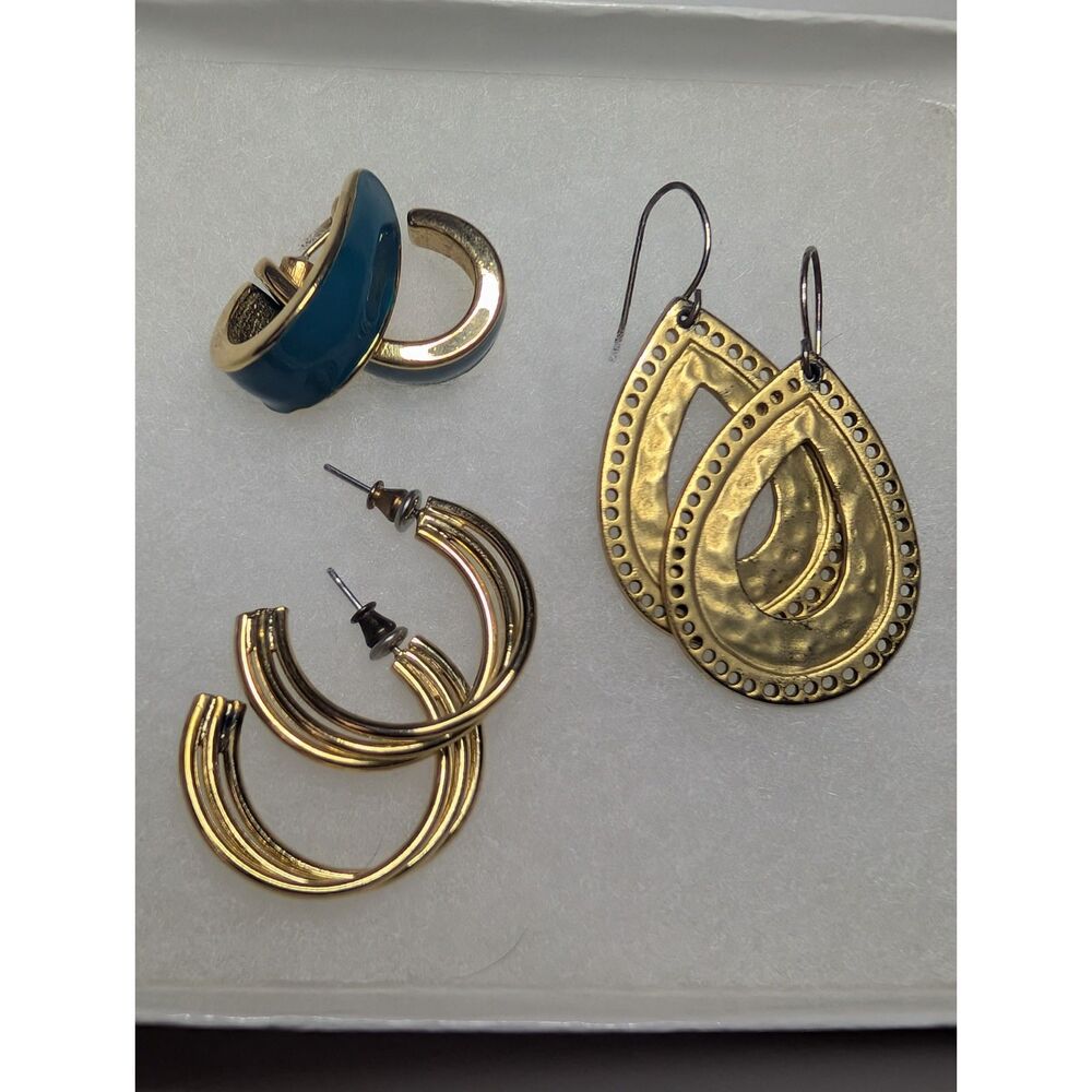 Gold Tone Earring Lot Teal Enamel C Hoops Hammered Teardrop Boho 3 Pairs